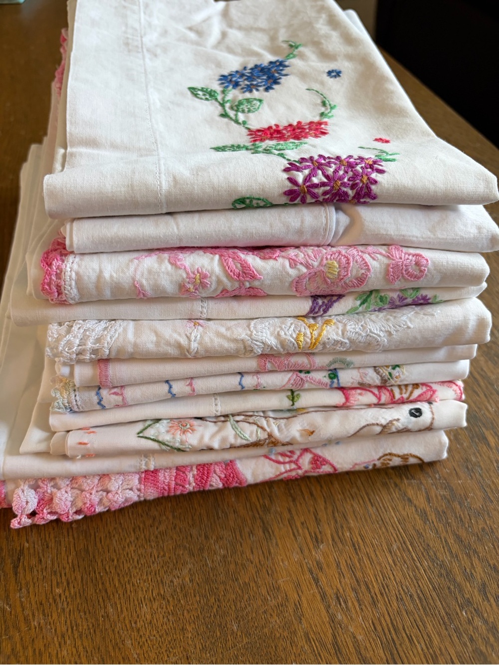 White Vintage Pillowcases Hand Embroidered Crocheted Standard Size Bundle of 11